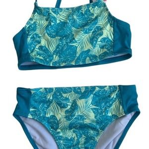 Lily & Dan Girls 2 Piece Swim Set Large Top & Bottom Turquoise Tropical NEW